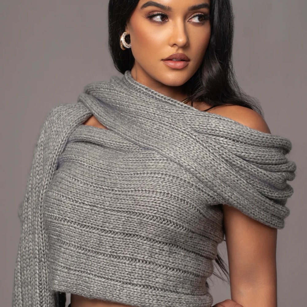 JLUXLABEL GREY SOFT LIFE CABLE KNIT SWEATER TOP